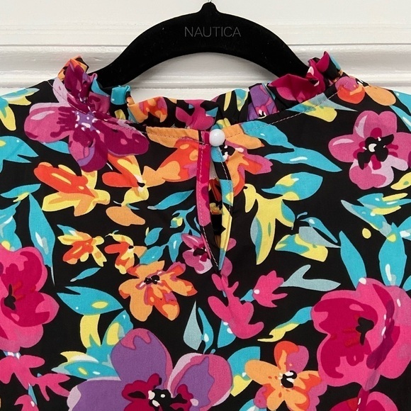 Shein Vibrant Floral Long Sleeve Ruffle Dress Black Pink Multicolored Curve 1X - Picture 6 of 9